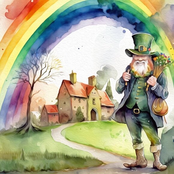 St. Patricks Day Leprechaun Rainbow Lucky Irish Watercolor Oil Painting Print - Picture 2 of 5